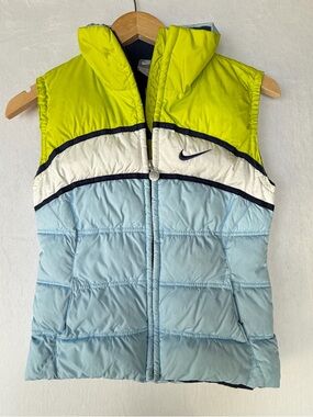 Nike Kids Y2K Colorblock Puffer Vest in Lime, Light Blue, and White